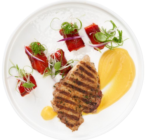 Grilled Marinated Boneless Chicken Thighs and Drumsticks with Pumpkin Purée, and Roasted Horn Pepper
